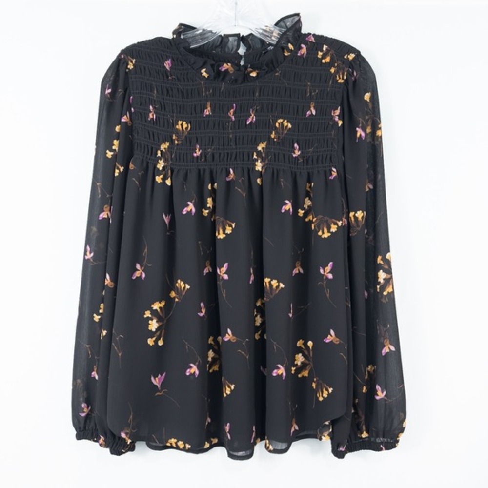 Madewell Georgette Ruffle Collar‎ Smocked Top Large Freesia Floral Dark Romantic